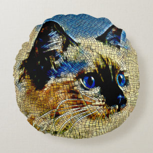 Blue Eyed Siamese Cat Mosaic Tiles Round Cushion