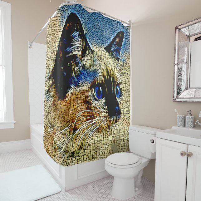 Blue Eyed Siamese Cat Mosaic Tiles Shower Curtain (In Situ)
