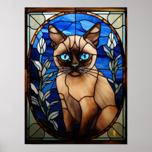 Blue-Eyed Siamese Cat Stained Glass Portrait Poster