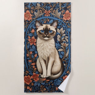 Blue Eyed Siamese Cat William Morris Inspired Beach Towel