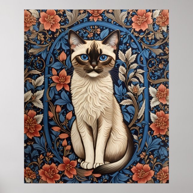Blue Eyed Siamese Cat William Morris Inspired Poster (Front)