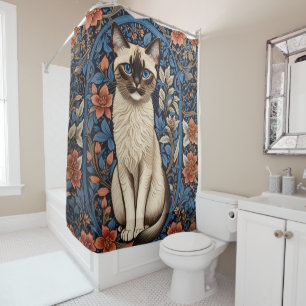 Blue Eyed Siamese Cat William Morris Inspired Shower Curtain