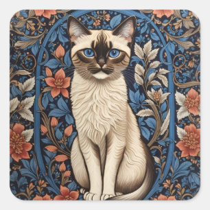 Blue Eyed Siamese Cat William Morris Inspired Square Sticker