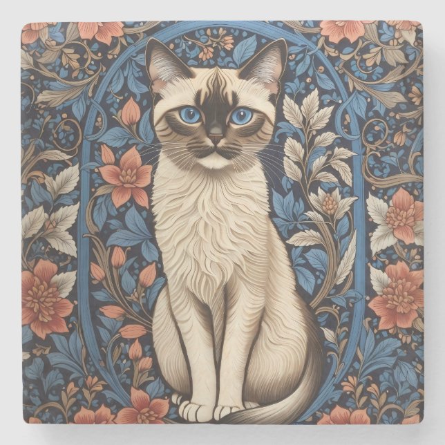 Blue Eyed Siamese Cat William Morris Inspired Stone Coaster (Front)