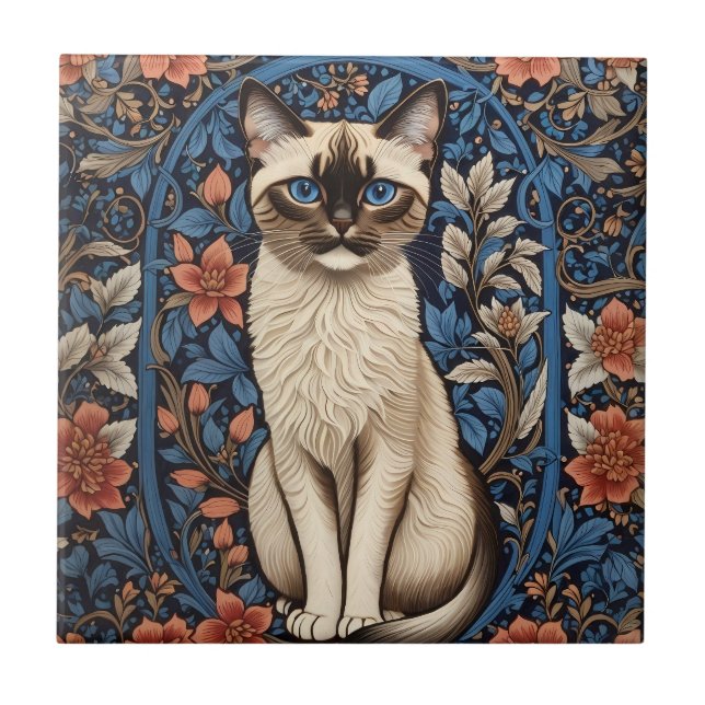 Blue Eyed Siamese Cat William Morris Inspired Tile (Front)