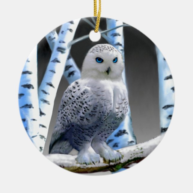 Blue-eyed Snow Owl Ceramic Tree Decoration (Front)