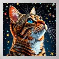 Blue-Eyed Tabby Cat Gazes at Starry Night Sky