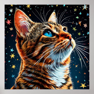 Blue-Eyed Tabby Cat Gazes at Starry Night Sky Poster