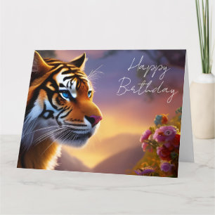 Blue Eyed Tiger and Pink Flowers Card