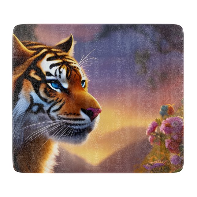 Blue Eyed Tiger and Pink Flowers   Cutting Board (Front)