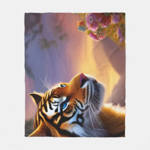Blue Eyed Tiger and Pink Flowers  Fleece Blanket
