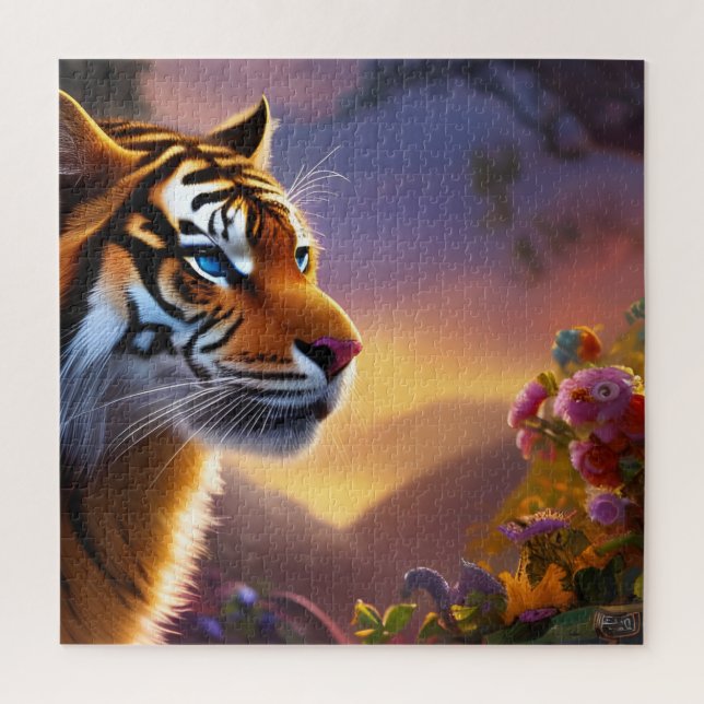 Blue Eyed Tiger and Pink Flowers Jigsaw Puzzle (Vertical)