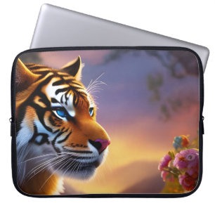 Blue Eyed Tiger and Pink Flowers Laptop Sleeve