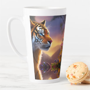 Blue Eyed Tiger and Pink Flowers Latte Mug
