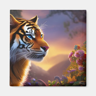 Blue Eyed Tiger and Pink Flowers Magnet