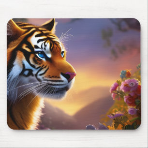 Blue Eyed Tiger and Pink Flowers  Mouse Mat
