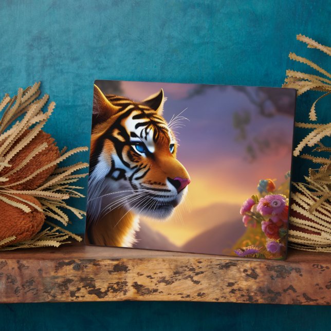 Blue Eyed Tiger and Pink Flowers Plaque (Side)