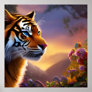 Blue Eyed Tiger and Pink Flowers Poster