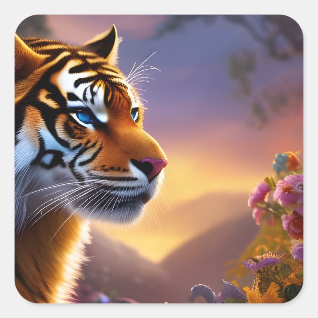 Blue Eyed Tiger and Pink Flowers  Square Sticker (Front)