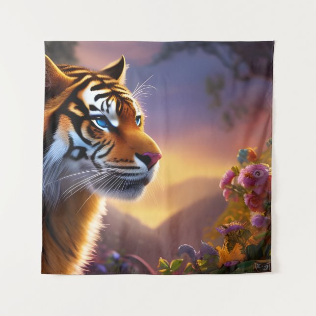 Blue Eyed Tiger and Pink Flowers  Tapestry (Front)