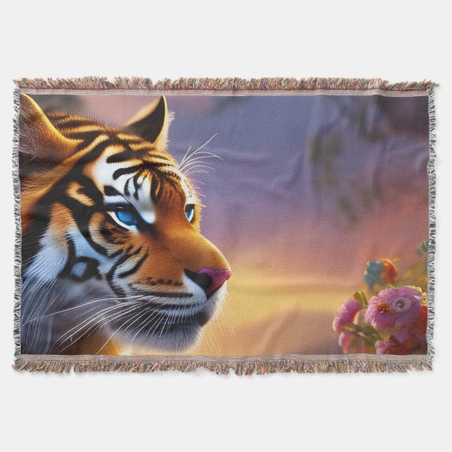Blue Eyed Tiger and Pink Flowers   Throw Blanket (Front)