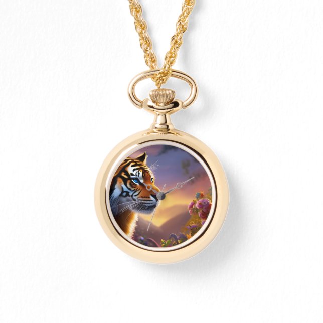 Blue Eyed Tiger and Pink Flowers   Watch (Front)