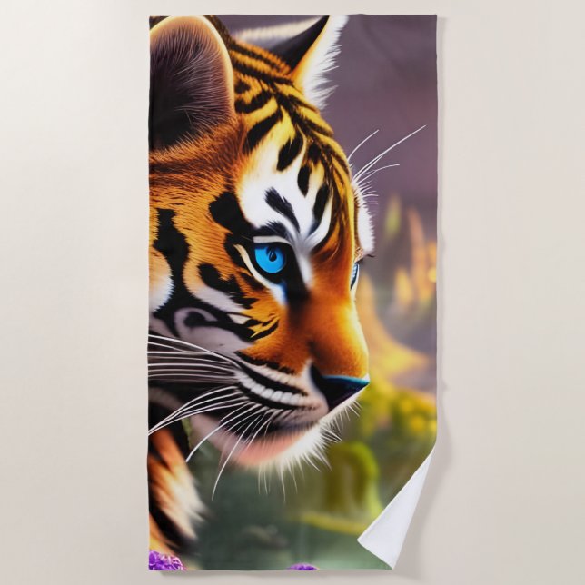 Blue Eyed Tiger Cub and Purple Flowers  Beach Towel (Front)