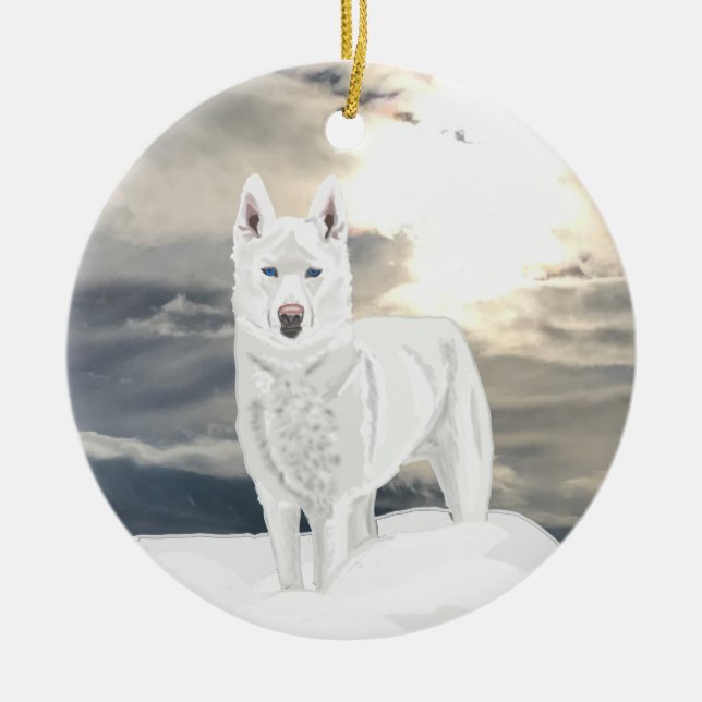 Blue eyed, white Husky, in snow Ceramic Tree Decoration (Front)