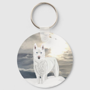 Blue eyed, white Husky, in snow with Artic Sky Key Ring