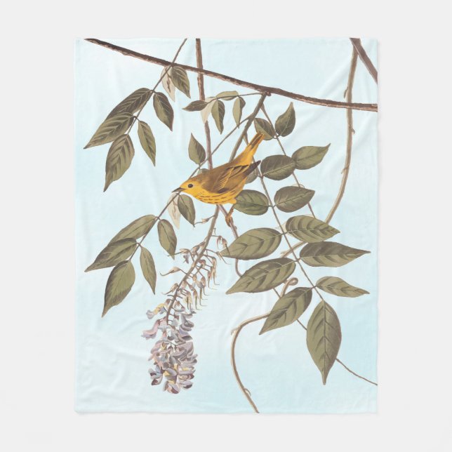 Blue-Eyed Yellow Warbler Audubon Bird on Wisteria Fleece Blanket (Front)