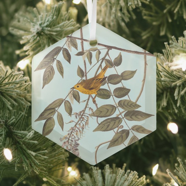 Blue-Eyed Yellow Warbler Audubon Bird on Wisteria Glass Tree Decoration (Insitu)