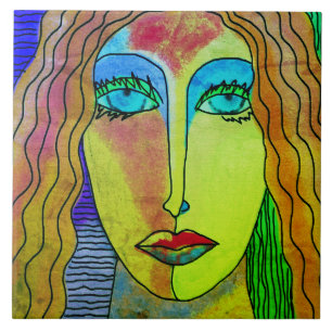 Blue Eyes Abstract Digital Portrait of a Woman Tile