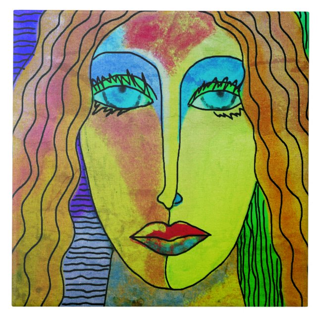 Blue Eyes Abstract Digital Portrait of a Woman Tile (Front)