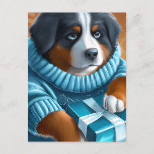 Blue Eyes Bernese Mountain Dog With Present Postcard