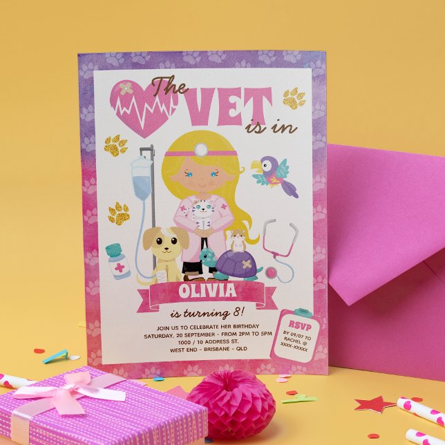 Blue Eyes Blonde Girl Vet Birthday Invitation (The cat is definitely out of the bag on this girl’s vet birthday invitation.)