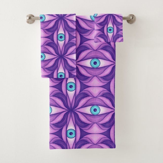 Blue Eyes in Purple Foliage Dark Botanical Art Bath Towel Set (Insitu)