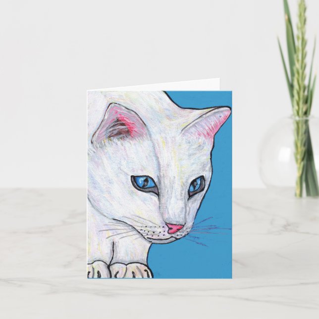 Blue Eyes White Cat Note Card (Front)