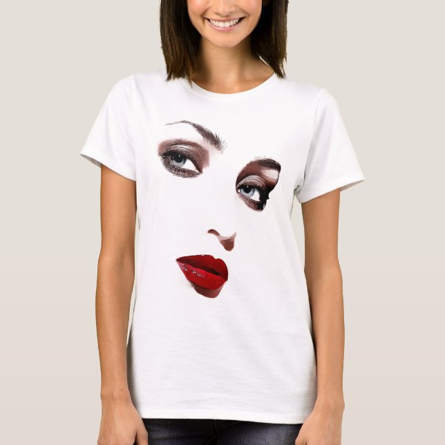Blue eyes womans face red lips makeup art T-Shirt (Front)