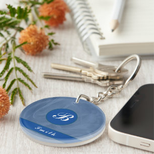 Blue fabric textured print-any colour monogram key ring