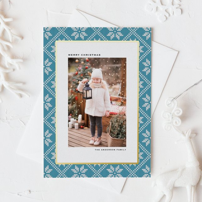 Blue Fair Isle Knit Pattern Photo Christmas Foil Holiday Postcard (Blue Fair Isle Knit Pattern Photo Christmas Holiday Gold Foil Postcard)