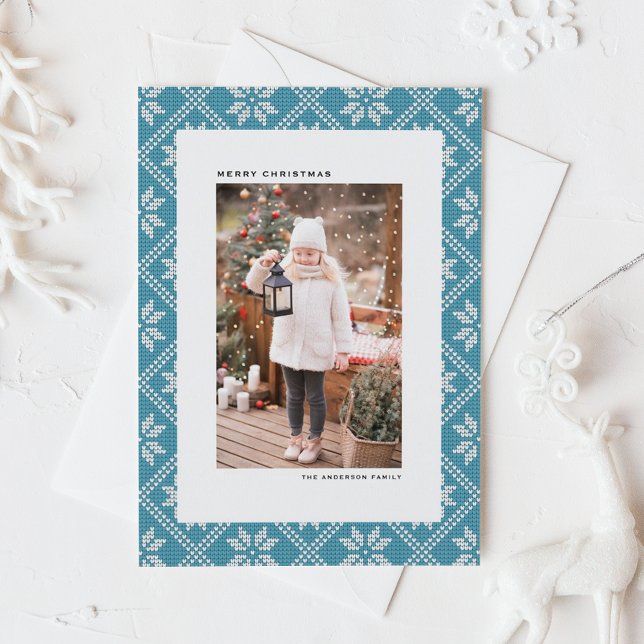 Blue Fair Isle Patterned Christmas Photo Holiday Card (Blue Fair Isle Knit Pattern Photo Christmas Holiday Card)