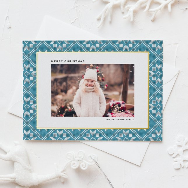 Blue Fair Isle Winter Knit Pattern Photo Christmas Foil Holiday Postcard (Blue Fair Isle Winter Knit Pattern Photo Christmas Foil Holiday Postcard)