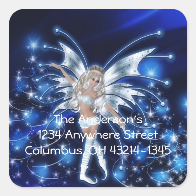 Blue Fairy/Fae Christmas Fantasy Address Square Sticker (Front)