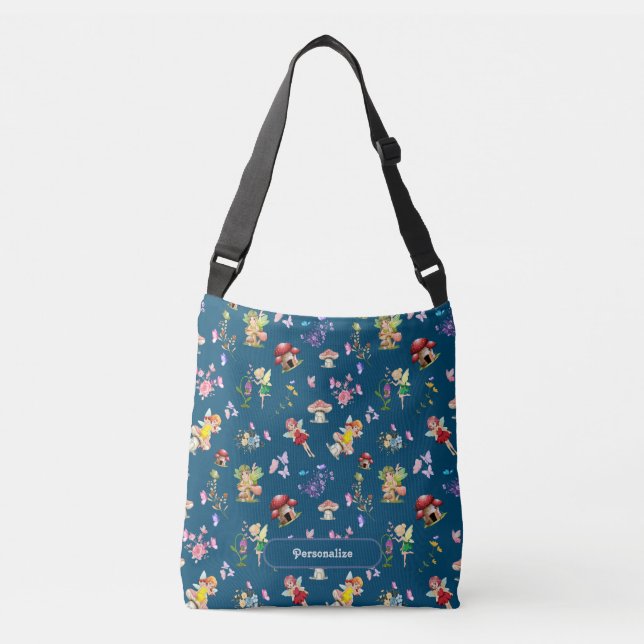 Blue Fairy Mushroom Themed Personalised  Crossbody Bag (Front)