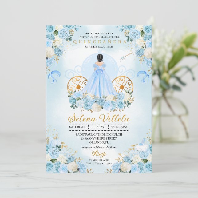 Blue Fairytale Cinderella Carriage Quinceañera Invitation (Standing Front)