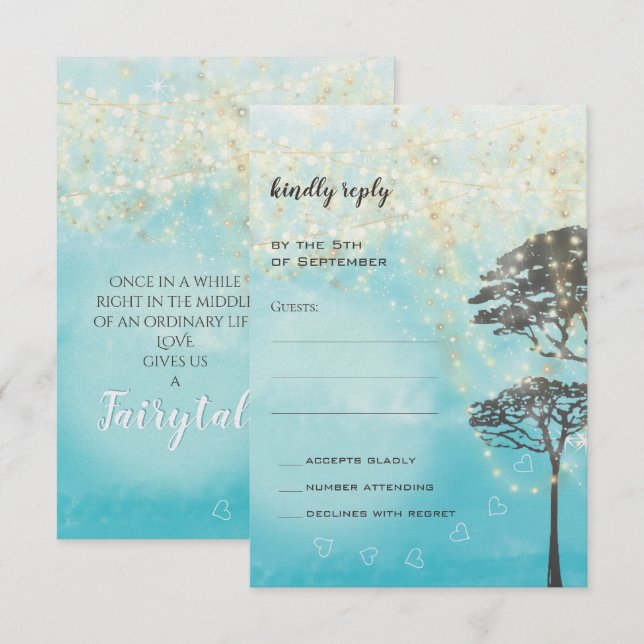 Blue Fairytale Lights Woodsy Wedding Invitation (Front/Back)