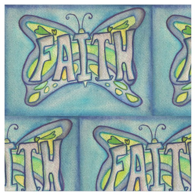 Blue Faith Butterfly Inspirational Fabric Material (Close Up)
