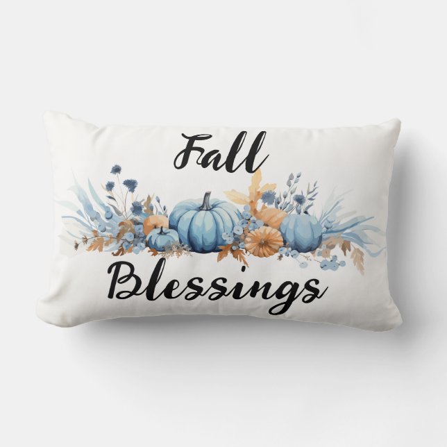 Blue Fall Blessings Pumpkins and  Flowers  Lumbar Cushion (Front)