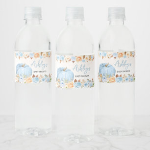 Blue Fall Floral Pumpkin Baby Shower Water Bottle Label
