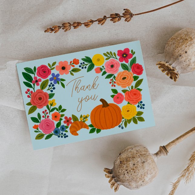Blue Fall Florals Pumpkin Baby Shower Thank You Card (Creator Uploaded)